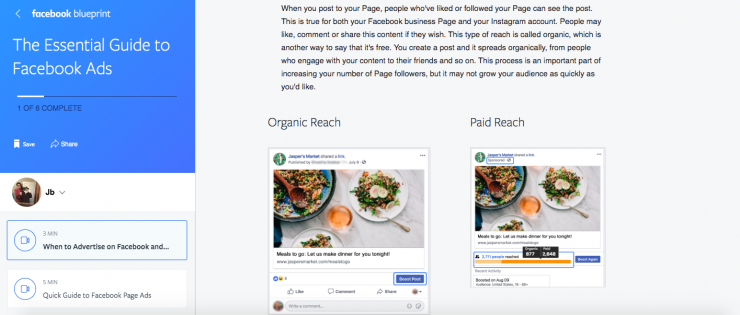 Facebook Tools: A screen capture of a Facebook Blueprint lesson