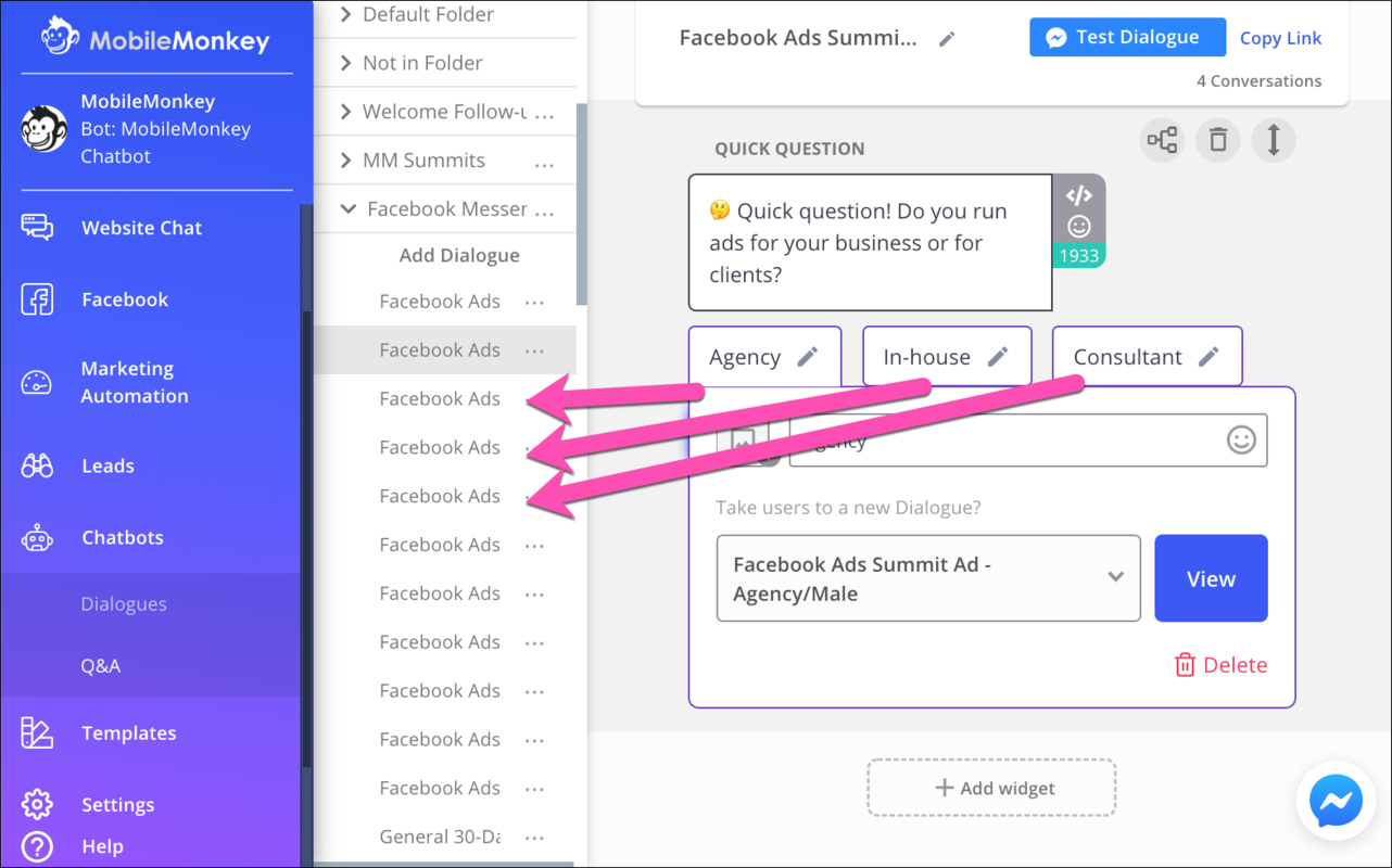 chatbot funnel options connect to dialogues