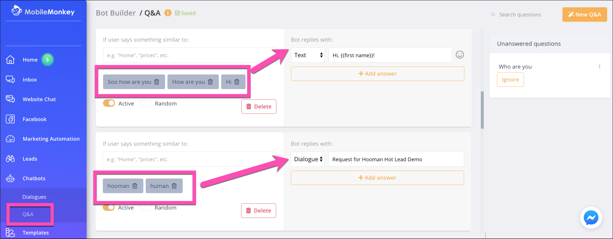 q&a keyword trigger for chatbot