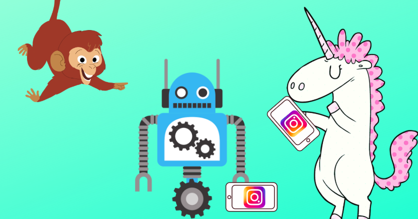 messenger chatbots for instagram: a robot and a unicorn play with their instagram profiles while a monkey watches