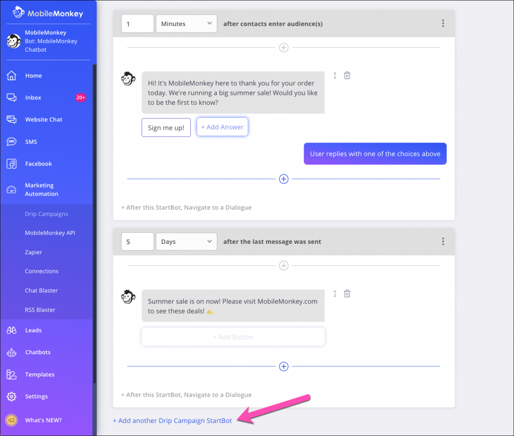 SMS drip campaign StartBot