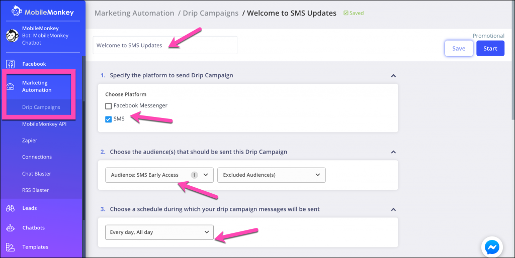 sms tools drip campaign settings