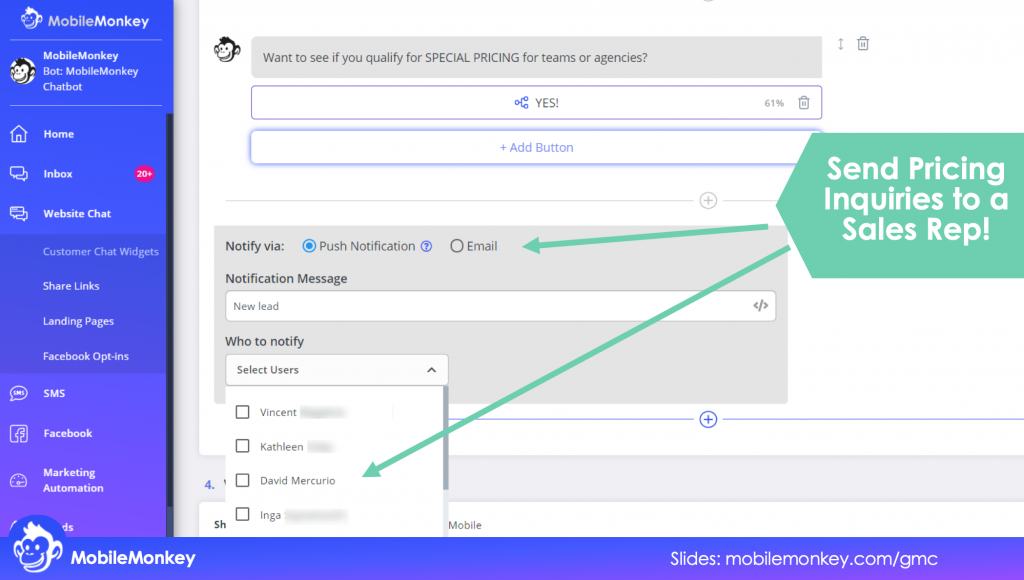 Send Pricing Inquiries to a Sales Rep from chat