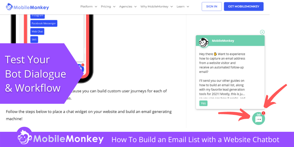 how to build an email list with a website chatbot: test chatbot dialogue and workflow