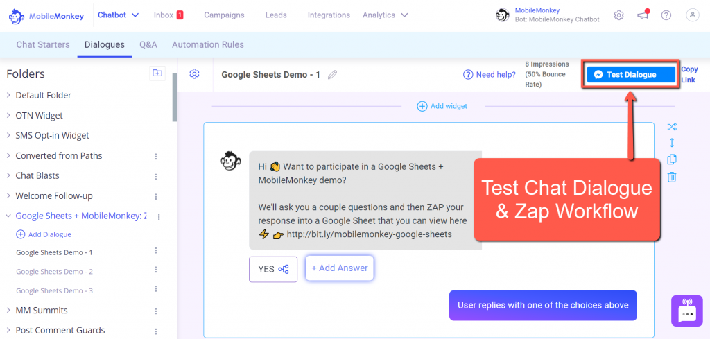 test chatbot dialogue and Zap workflow with Customers.ai and Google Sheets