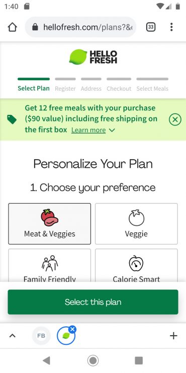 HelloFresh’s mobile landing page.