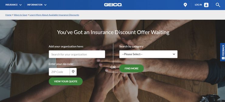 GEICO membership desktop landing page.