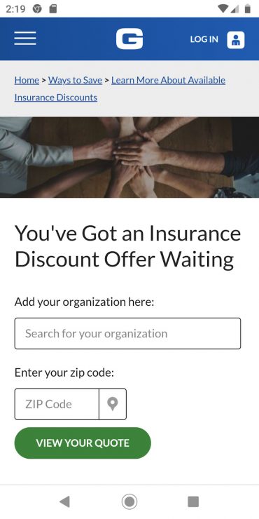 GEICO membership mobile landing page.