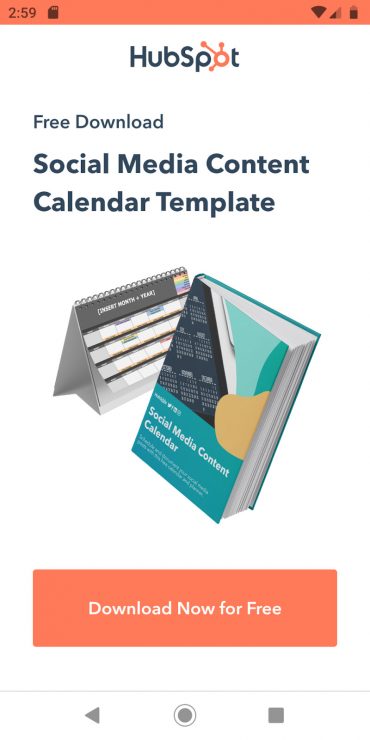 Hubspot’s mobile landing page for their social media content calendar template.