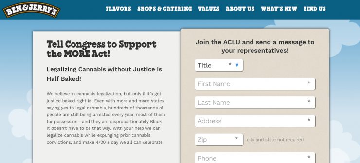 Ben & Jerry’s desktop social justice landing page.