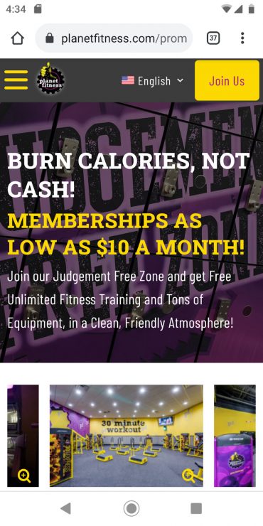 Planet Fitness’s desktop landing page