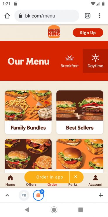 Burker King's mobie landing page