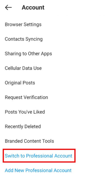 An image showing where to find the Switch to Professional Account option under the Account tab in Instagram.