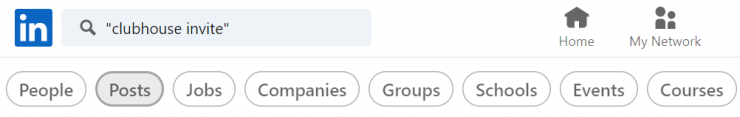Type “clubhouse invite” into the search bar and select “Posts.”