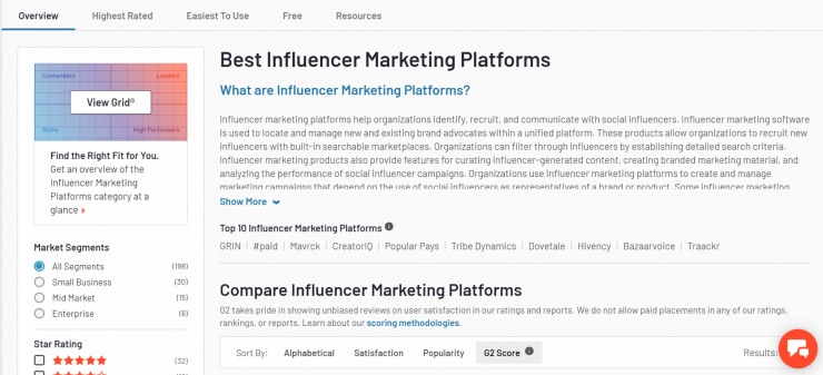 G2 influencer marketplace reviews.