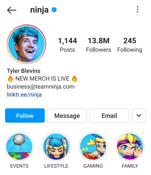 Ninja Instagram Story Highlight example