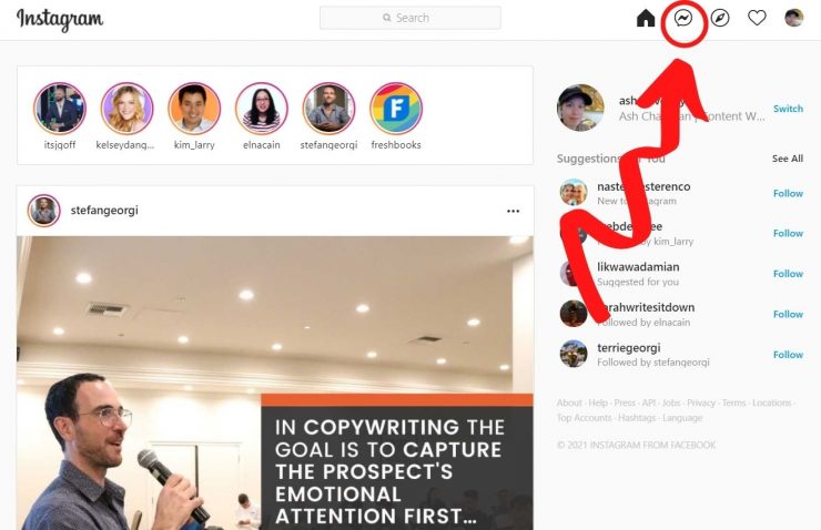 On desktop you can get to Instagram Direct at the top right of your screen