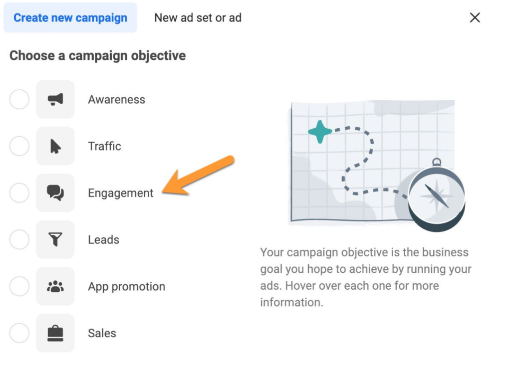 Screenshot of the campaign objective  section in Facebook's ad manager. Pick engagement instead of sales to improve your Facebook ads average conversion rate. 