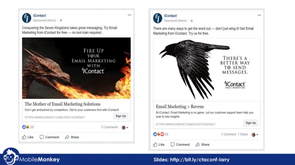 An image showing how an email marketing company targeted people who were interested in game of thrones to improve their Facebook Ads Average Conversion Rates