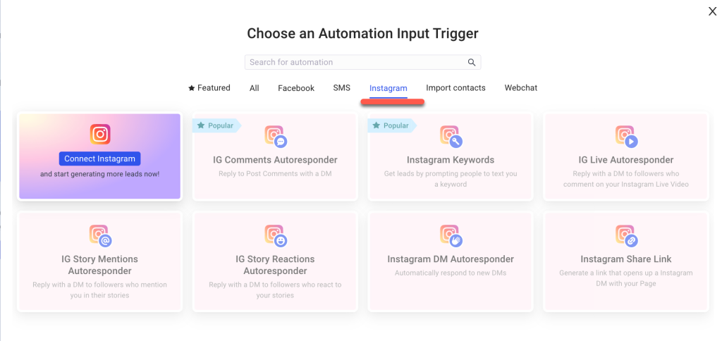 The list of Instagram inputs available for our sales automation tools 