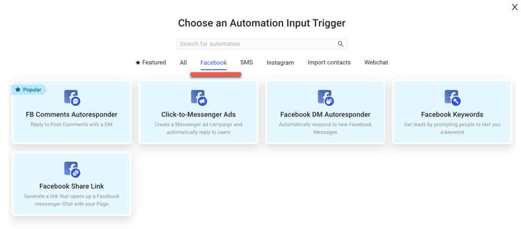 The list of Facebook inputs available for our sales automation tools 
