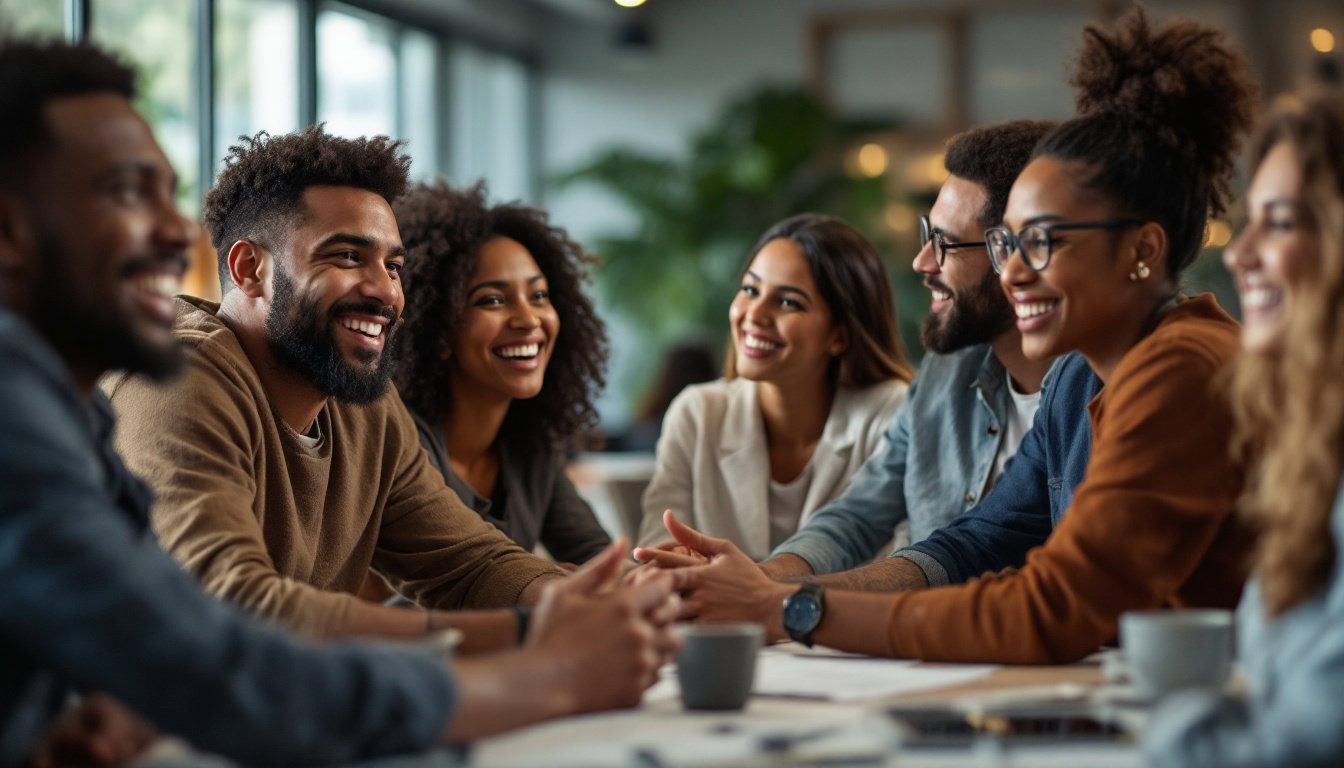 A photograph of a diverse group of people engaged in a lively discussion or brainstorming session