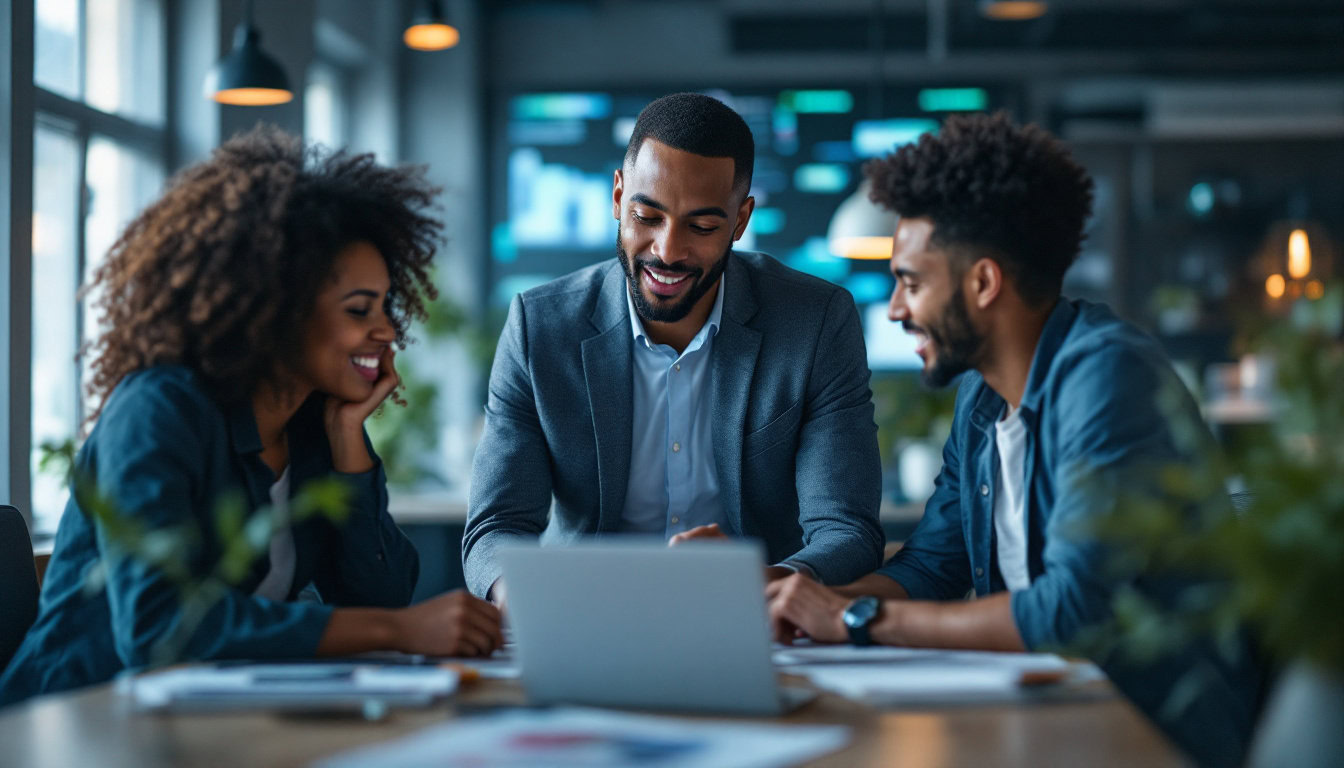 A photograph of a diverse group of people engaging in conversation or analyzing data together in a modern workspace