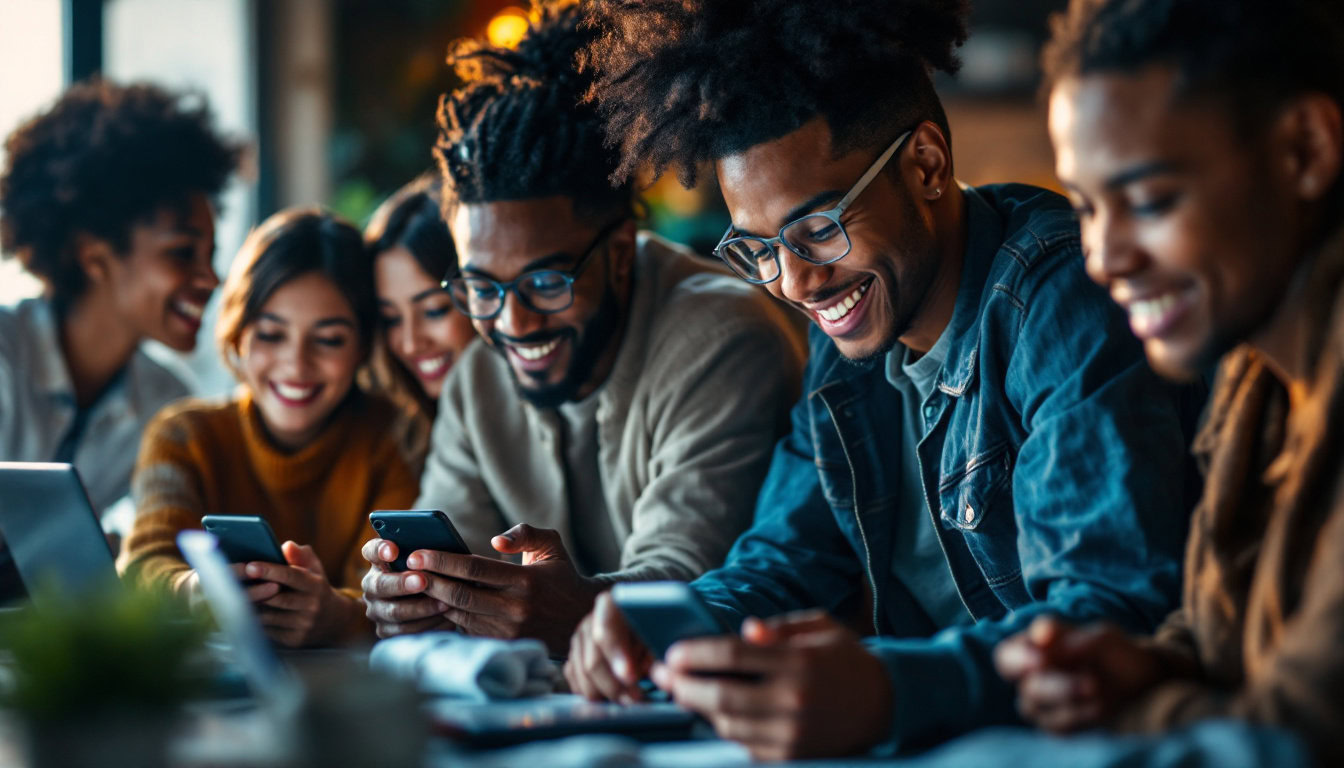 A photograph of a diverse group of people engaging with personalized content on digital devices