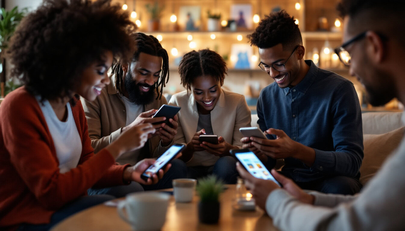 A photograph of a diverse group of people engaging with digital devices