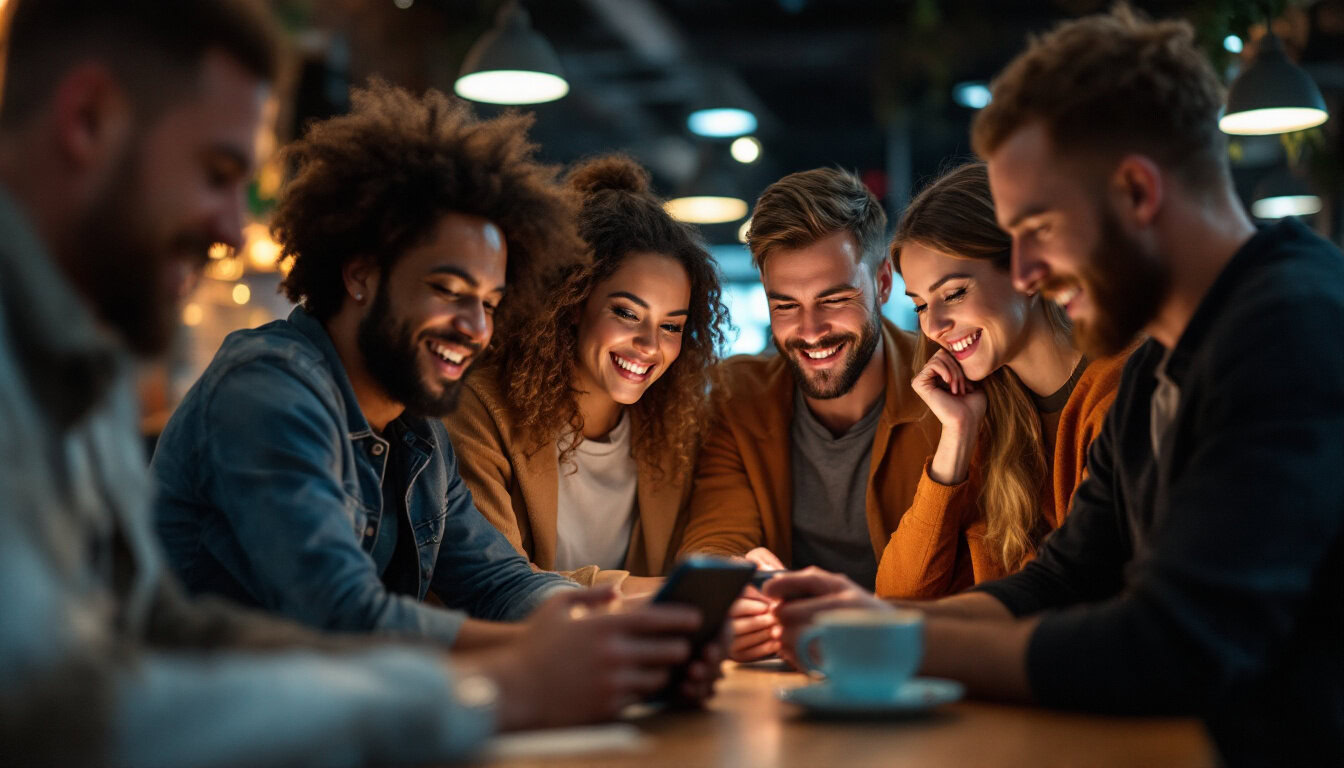 A photograph of a diverse group of people engaging with a digital device in a lively setting