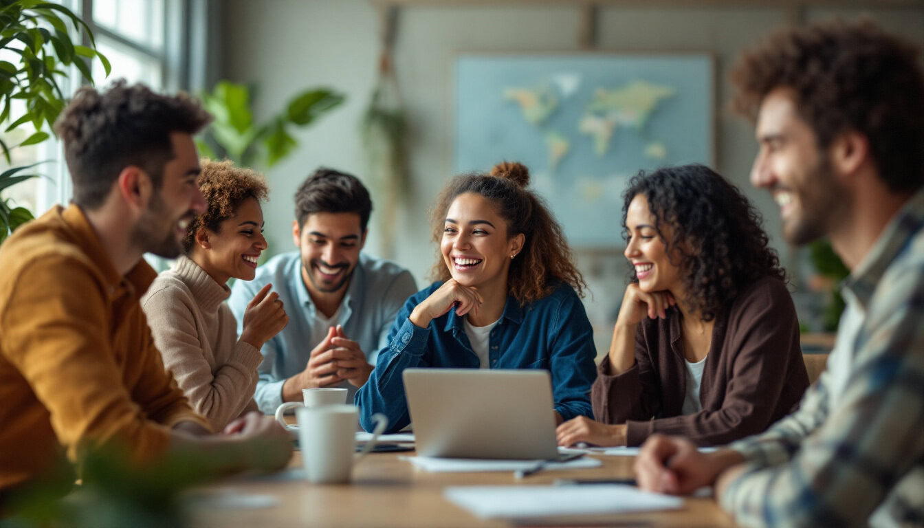 A photograph of a diverse group of people engaging in different activities