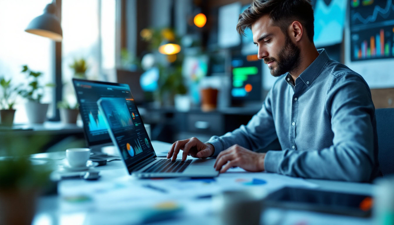 A photograph of a focused professional analyzing data on a laptop