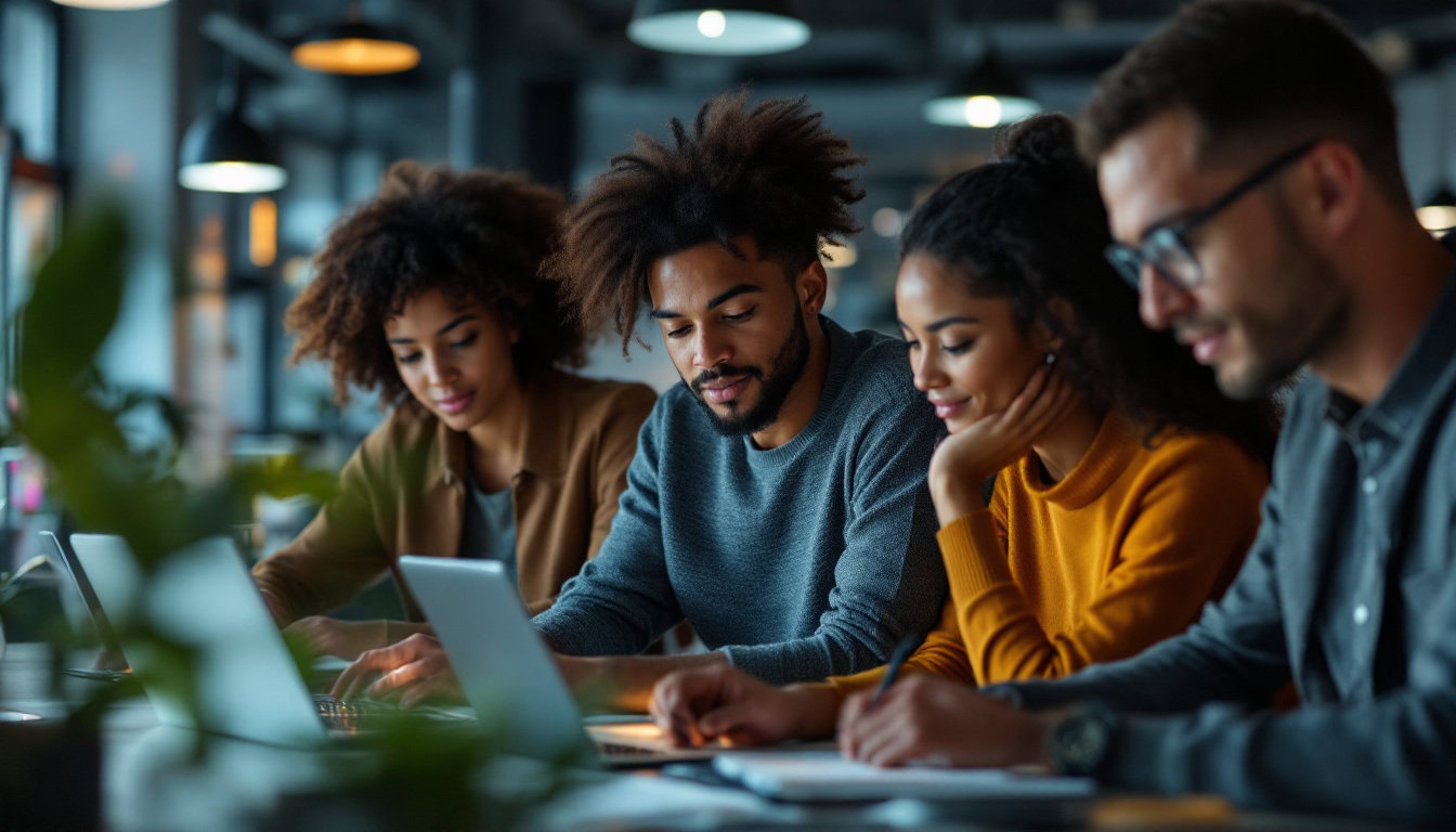 A photograph of a diverse group of people engaging with digital devices in a modern workspace