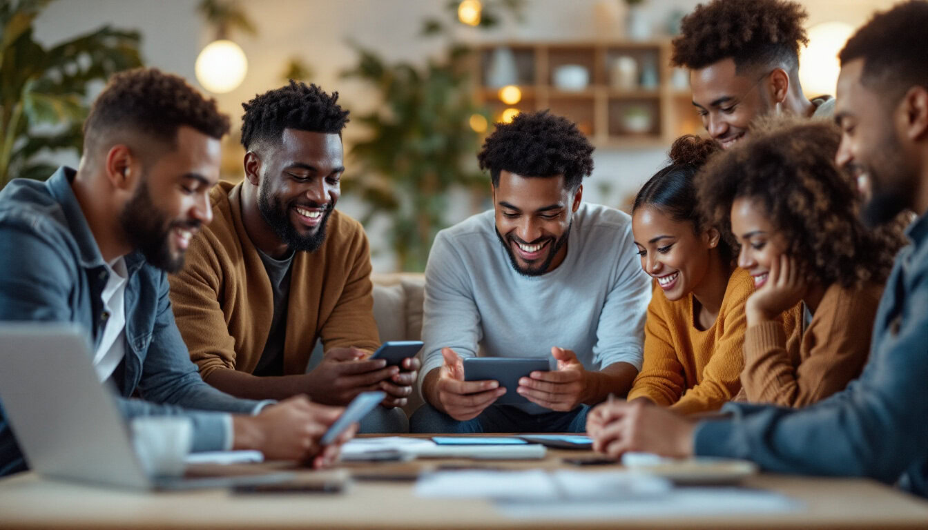 A photograph of a diverse group of individuals engaging with personalized digital content on various devices