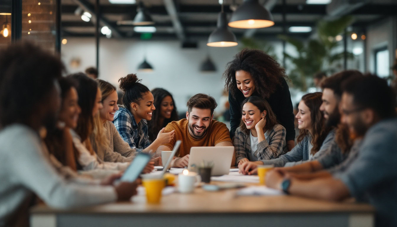 A photograph of a diverse group of people engaging in various activities that showcase their unique behaviors and interactions