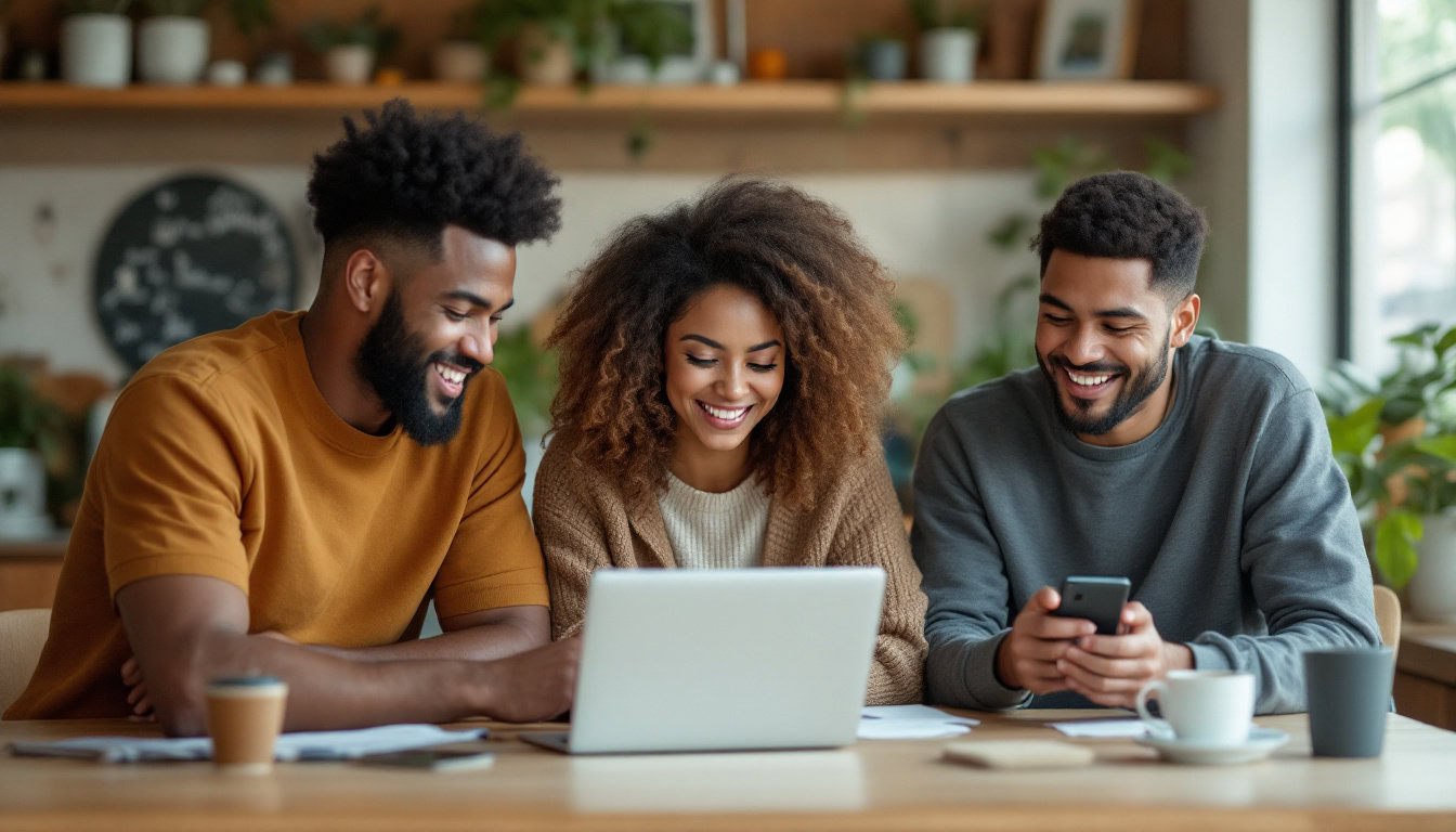 A photograph of capture a photograph of a diverse group of people engaging with various brand products in a lively