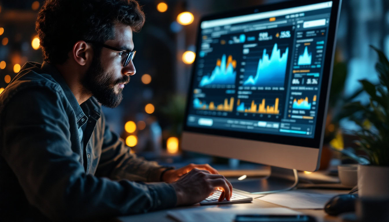 A photograph of a focused digital marketer analyzing data on a computer screen