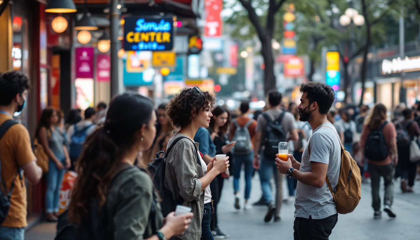 A photograph of a diverse group of people engaging in various activities in a vibrant urban setting