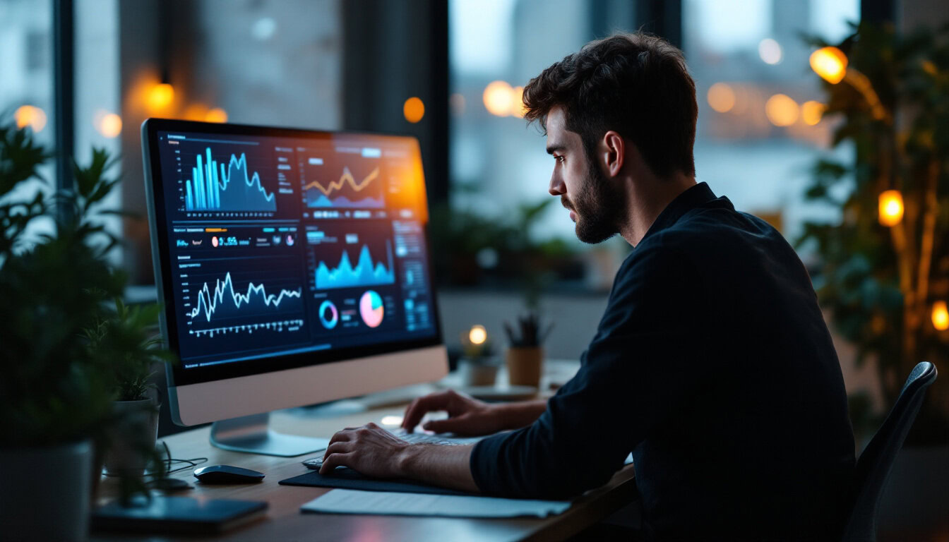 A photograph of a focused individual analyzing data on a computer screen