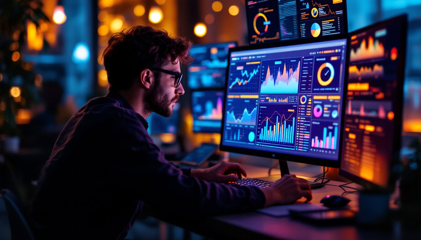 A photograph of a person intently analyzing data on a computer screen