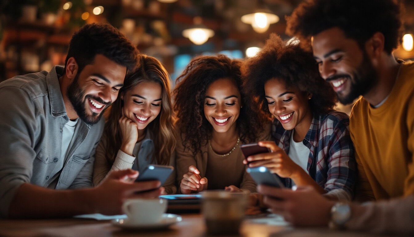 A photograph of a diverse group of people engaging with digital devices in a lively