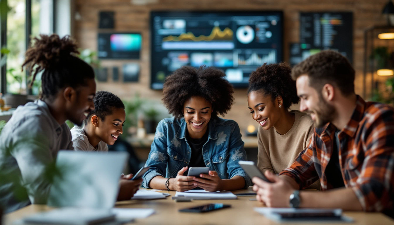 A photograph of a diverse group of people engaging with digital devices in a collaborative workspace