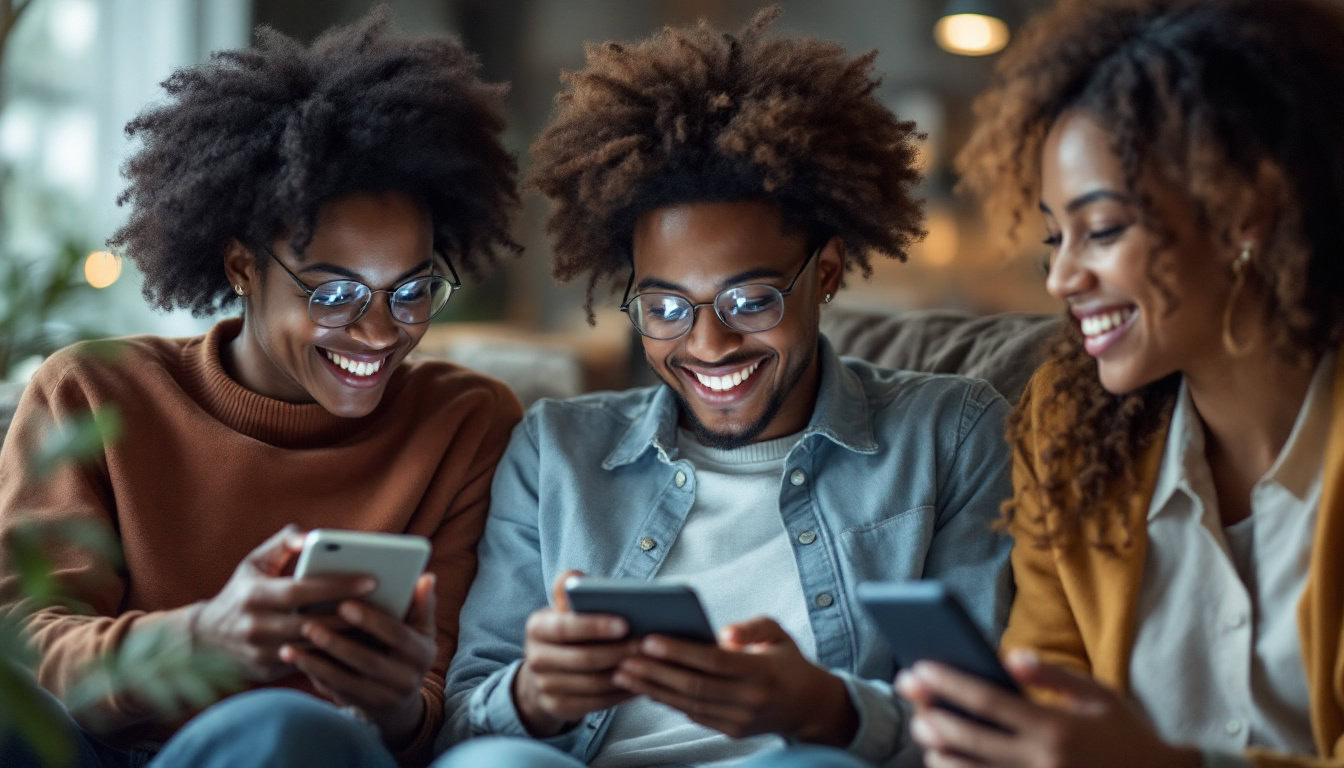 A photograph of a diverse group of people engaging with personalized digital content on various devices