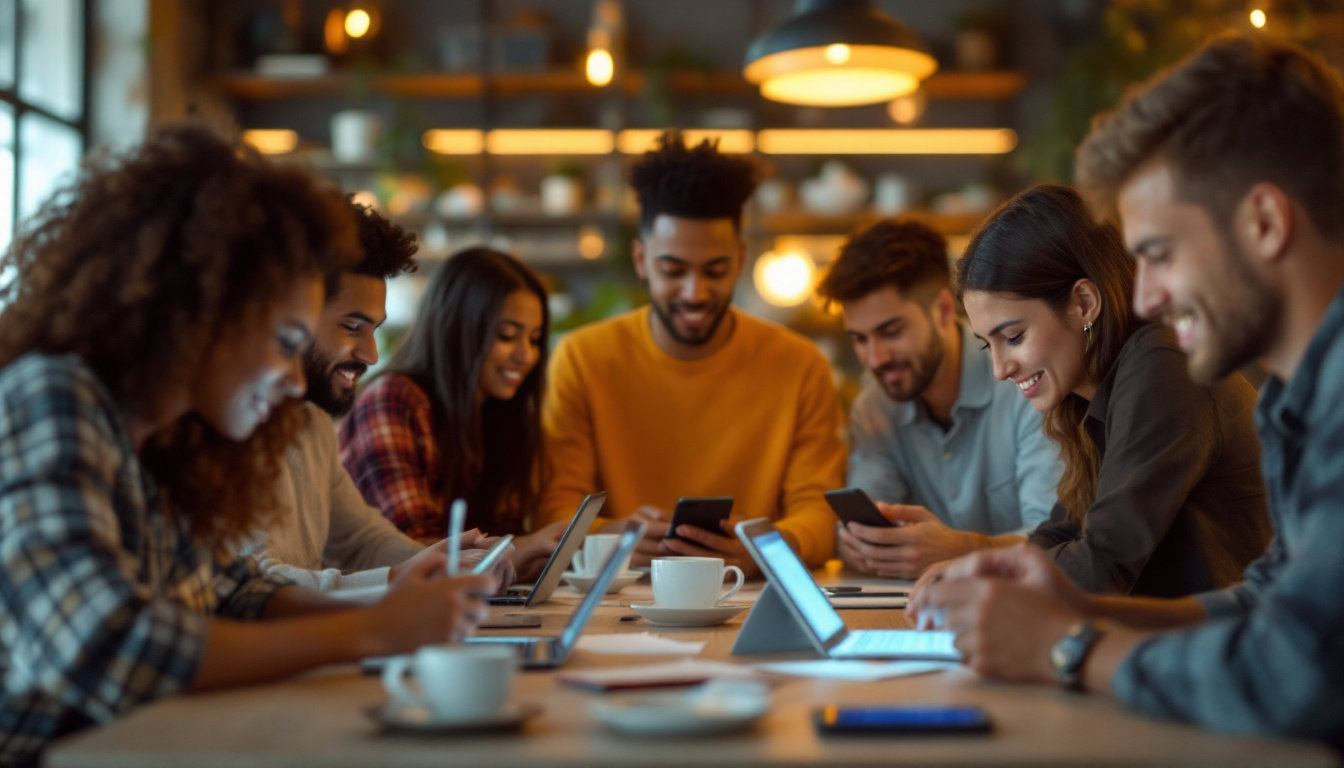 A photograph of a diverse group of people engaging with various digital devices in a lively