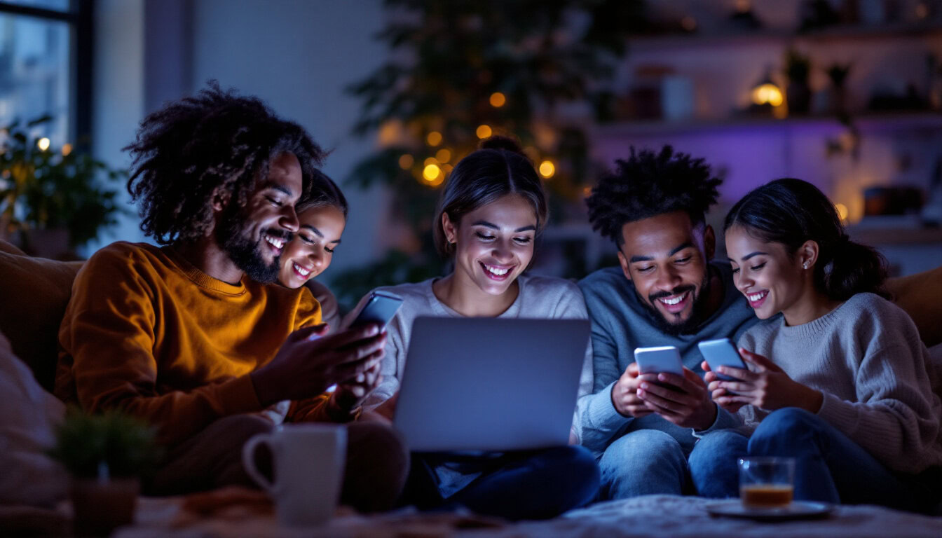 A photograph of a diverse group of people using various devices—such as smartphones