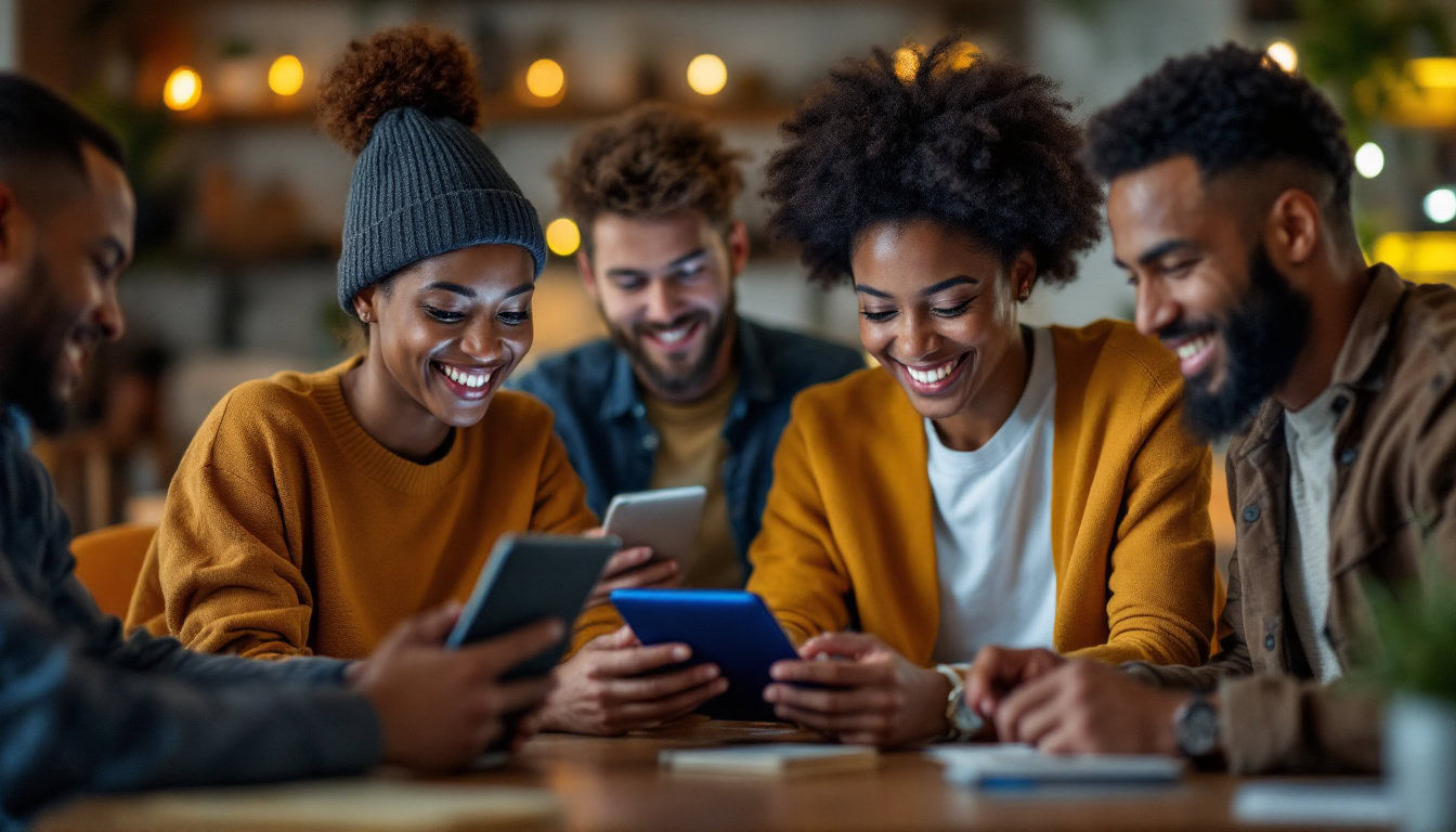 A photograph of a diverse group of people engaging with digital devices