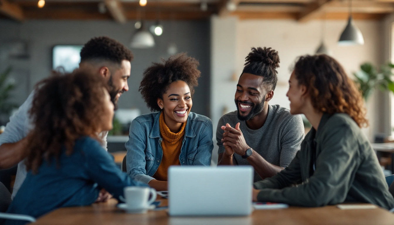 A photograph of a diverse group of people engaged in a lively discussion or brainstorming session