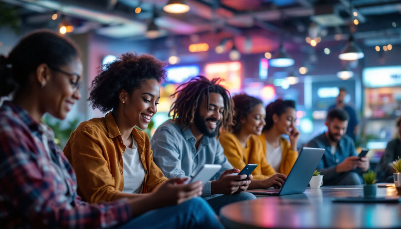 A photograph of a diverse group of people engaging with digital devices in a vibrant