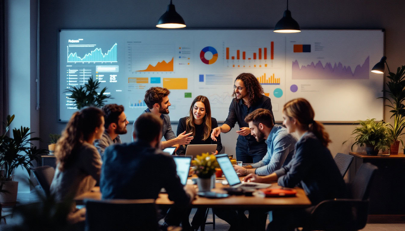 A photograph of a diverse group of professionals engaged in a collaborative brainstorming session