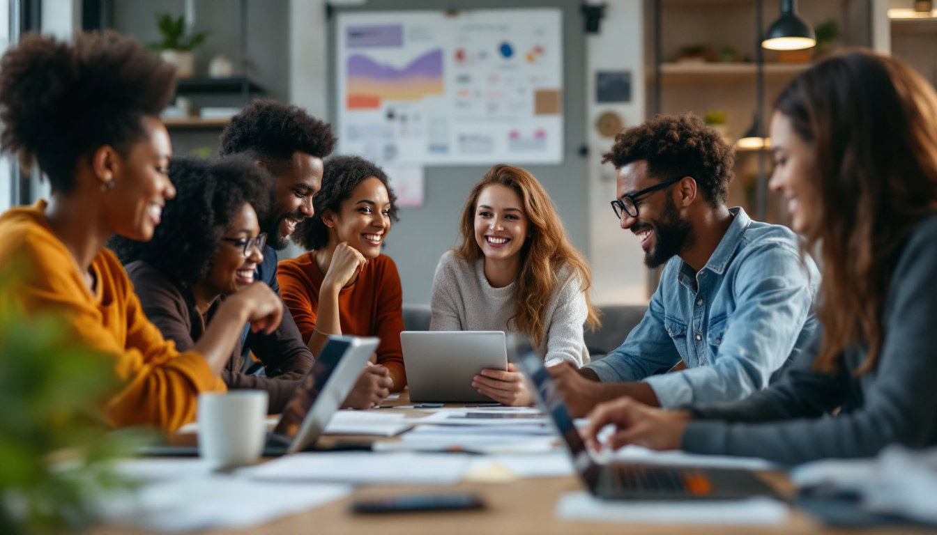 A photograph of capture a photograph of a diverse group of people engaged in a lively discussion or brainstorming session